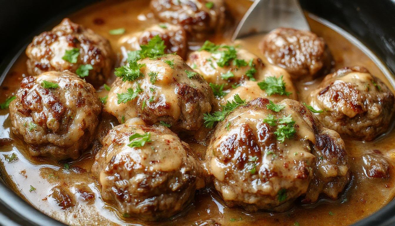 A close-up of a hearty plate featuring golden-brown Salisbury steak meatballs topped with brown gravy, garnished with fresh parsley, served alongside creamy mashed potatoes and steamed green beans. The dish has a rich, glossy appearance with a rustic, comforting presentation.