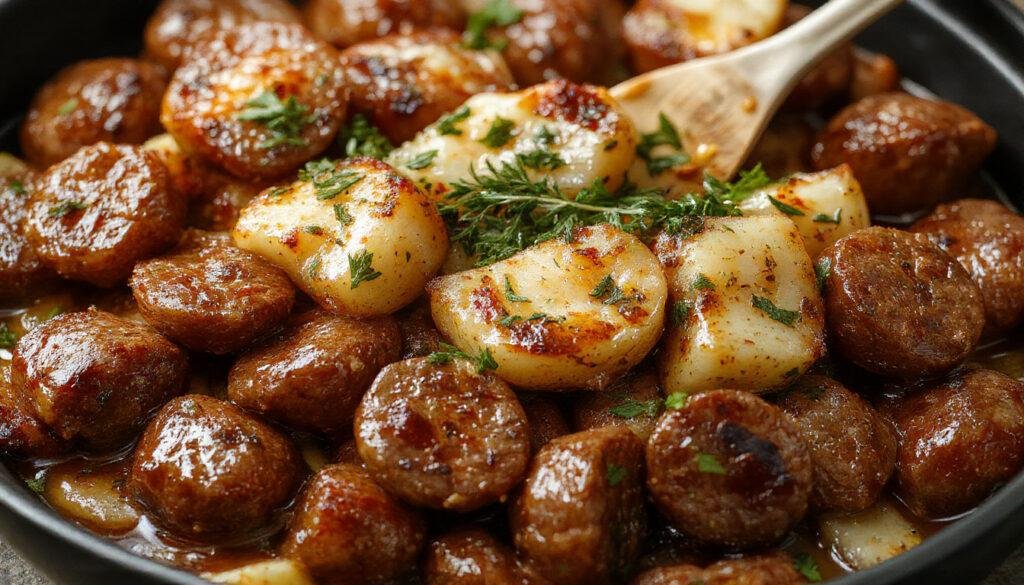 A rustic white plate showcasing a hearty smoked sausage and potato bake with golden-brown sausage slices nestled among crispy roasted potato chunks, garnished with fresh herbs. The dish is served on a wooden table with a fork and a side of fresh greens, highlighting the warm, crispy textures and inviting colors.