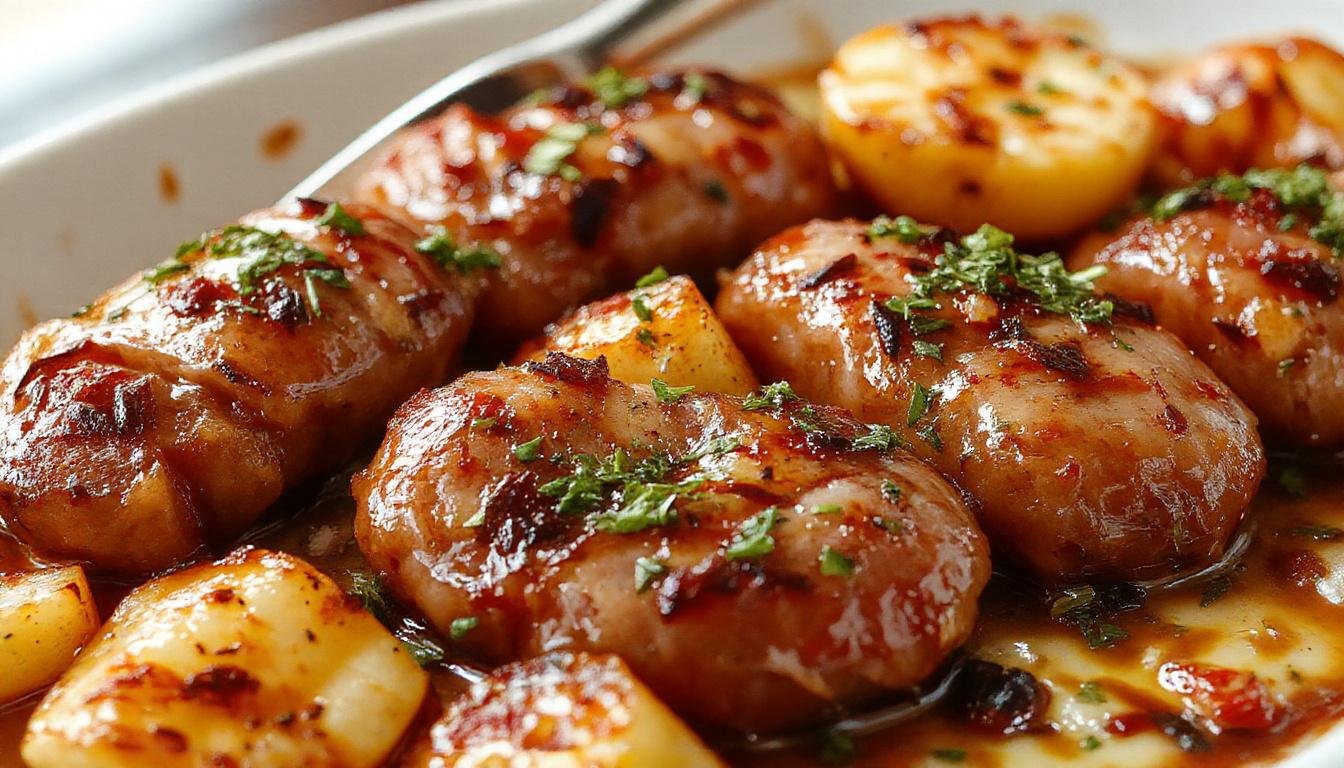 A rustic ceramic dish filled with a golden-brown smoked sausage and potato bake, featuring crisp edges, tender potatoes, and slices of smoked sausage arranged with herbs on top.