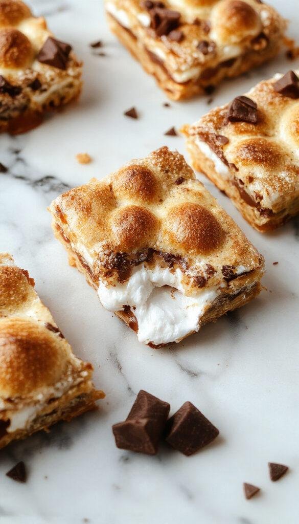 Close-up of no-bake S'mores Bars with gooey marshmallows, melted chocolate, and graham cracker crumbs on top, served on a rustic plate.
