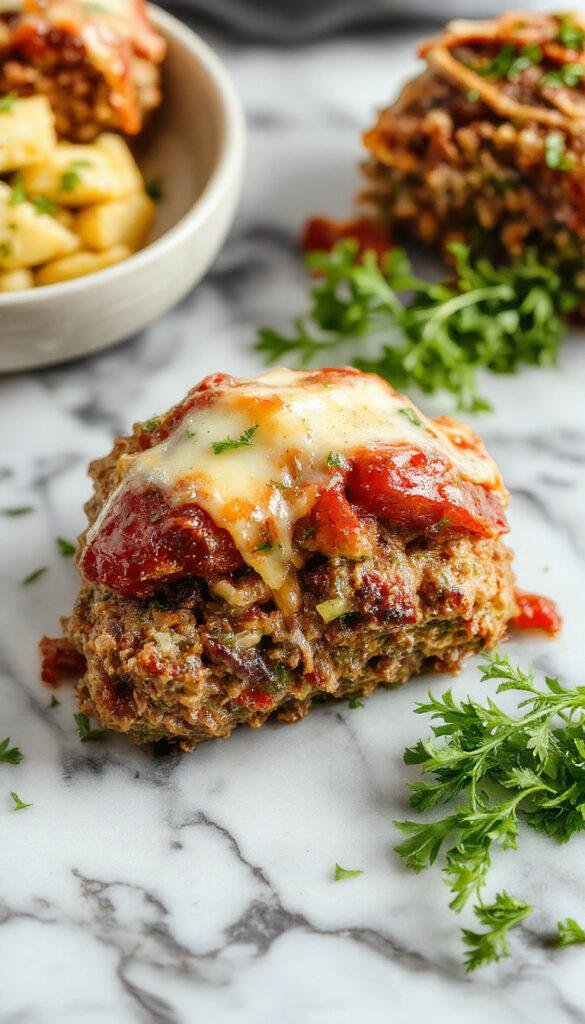 A savory meatloaf topped with golden brown stove top stuffing, served on a rustic plate with fresh herbs garnish.