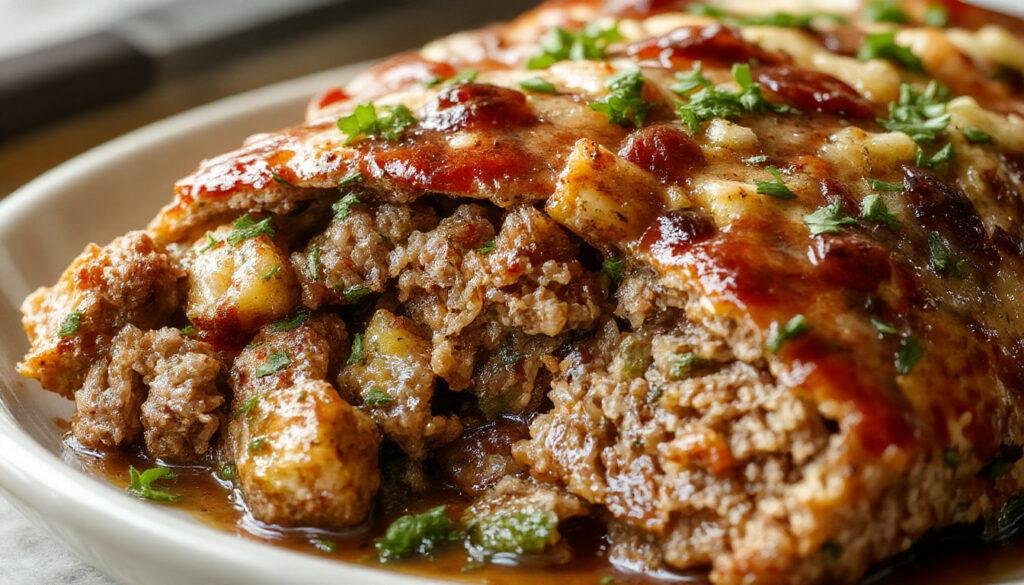 A golden-brown skillet meatloaf topped with a drizzle of gravy, garnished with fresh herbs, presented on a rustic wooden table. The meatloaf has a moist, hearty texture with visible bits of stuffing and meat mixture, with steam gently rising from it.