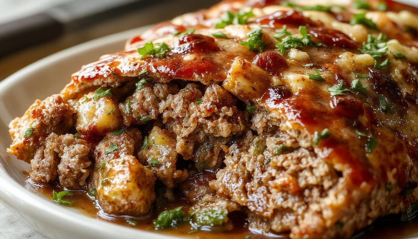 A golden-brown skillet meatloaf topped with a drizzle of gravy, garnished with fresh herbs, presented on a rustic wooden table. The meatloaf has a moist, hearty texture with visible bits of stuffing and meat mixture, with steam gently rising from it.