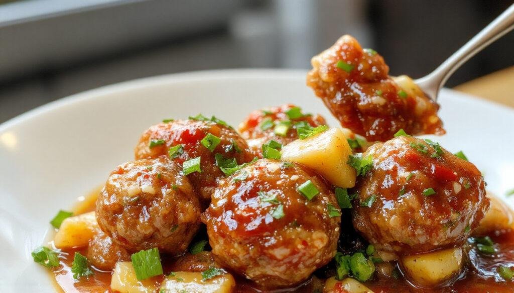 A cluster of glazed sweet and sour meatballs on a white plate garnished with green herbs, surrounded by vibrant bell peppers and pineapple chunks, with a glossy sauce coating each meatball and a colorful backdrop highlighting the dish's inviting appearance.