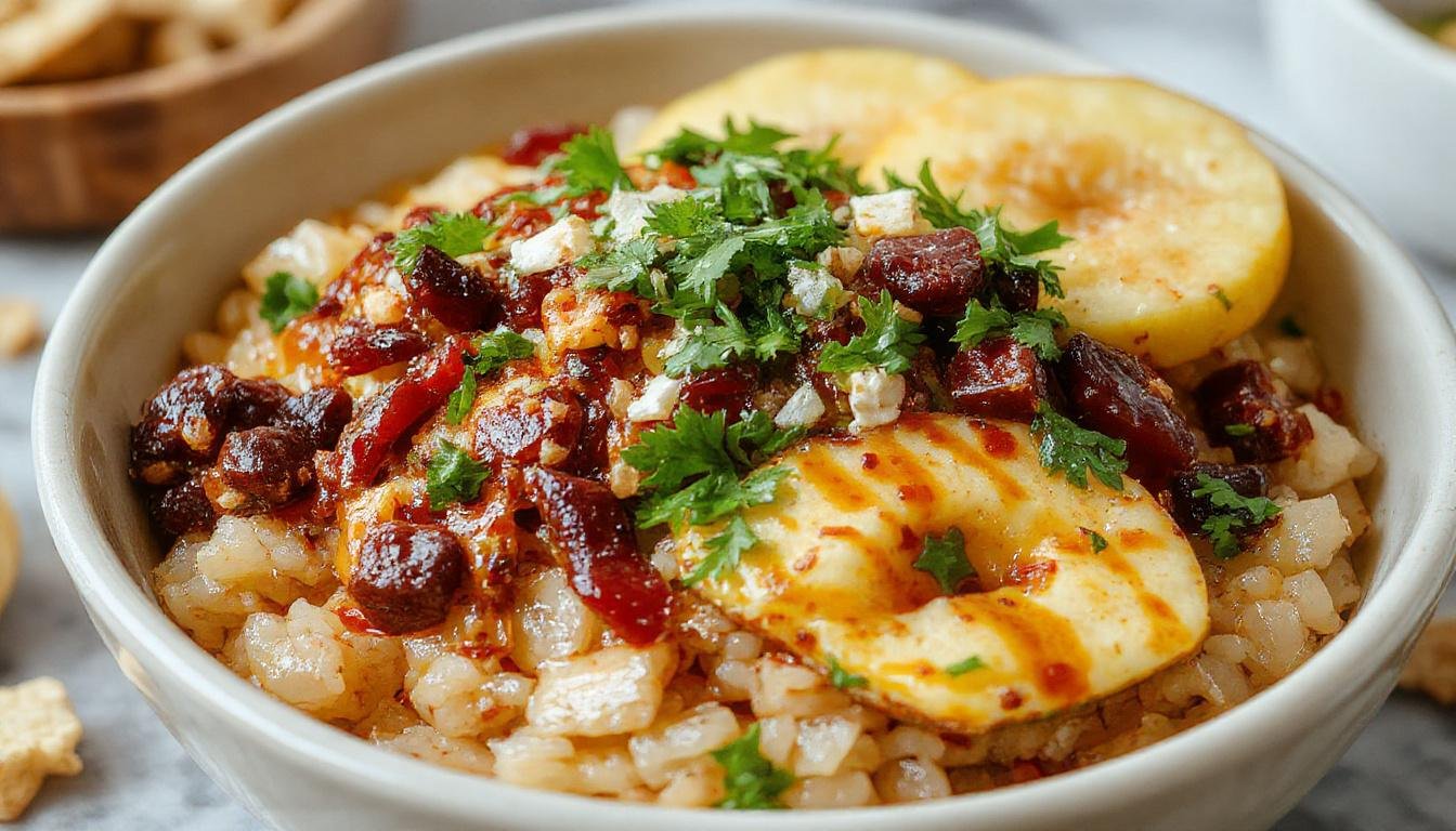 A vibrant taco rice bowl featuring fluffy white rice topped with seasoned ground beef, fresh chopped tomatoes, shredded lettuce, melted cheddar cheese, and a dollop of sour cream, all arranged on a rustic wooden plate with a side of lime wedges and cilantro garnish.