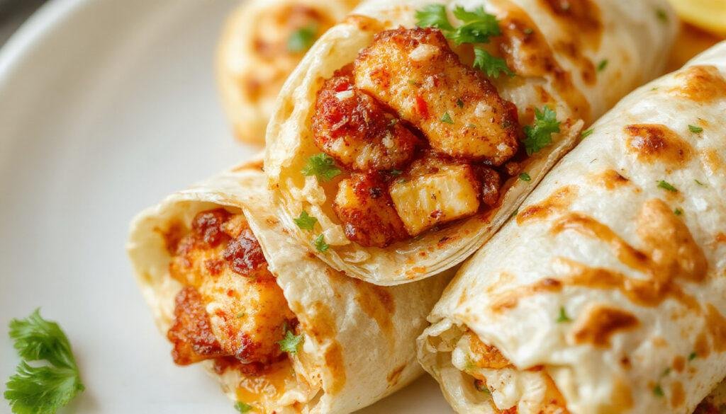 A vibrant plate showcasing Thai Peanut Chicken Wraps neatly arranged with fresh lettuce, julienned carrots, and chopped peanuts. The wraps are golden-brown with visible grill marks, sliced open to reveal tender chicken coated in rich peanut sauce and crisp vegetables, all wrapped in soft flour tortillas.