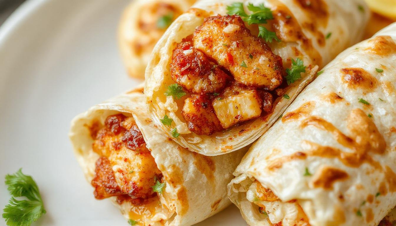A vibrant plate showcasing Thai Peanut Chicken Wraps neatly arranged with fresh lettuce, julienned carrots, and chopped peanuts. The wraps are golden-brown with visible grill marks, sliced open to reveal tender chicken coated in rich peanut sauce and crisp vegetables, all wrapped in soft flour tortillas.
