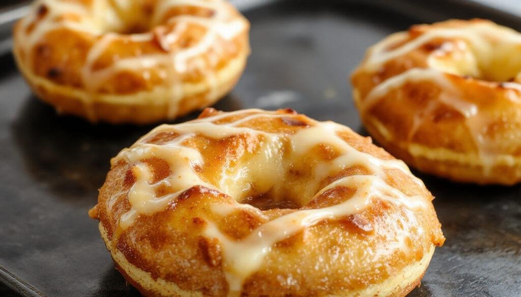 A close-up of golden-brown vegan apple puff pastry doughnuts arranged on a rustic white plate. The doughnuts are sprinkled with powdered sugar, with visible flaky layers of puff pastry and slices of tender apple peeking out. The background features a soft, neutral table setting with a hint of cinnamon sticks and fresh apple slices nearby, enhancing the inviting and cozy presentation.