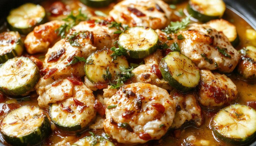 A colorful skillet dish featuring diced ground turkey and vibrant green zucchini slices, garnished with fresh herbs, neatly arranged in a rustic cast-iron skillet with a slightly browned surface and steam rising, conveying a freshly cooked home-style meal.