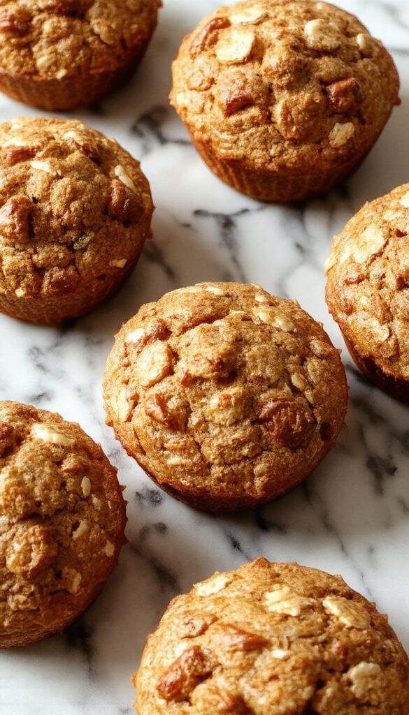 A batch of freshly baked zucchini banana oatmeal muffins arranged on a white plate, showcasing golden tops and a hint of green from zucchini.
