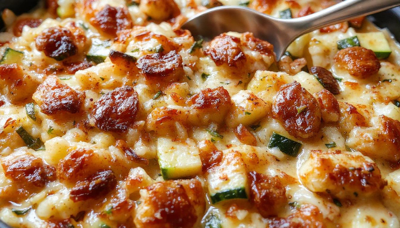 A golden-brown zucchini rice stuffing casserole sliced to reveal layers of tender zucchini, fluffy rice, and melted cheese, garnished with fresh herbs on a rustic white plate.