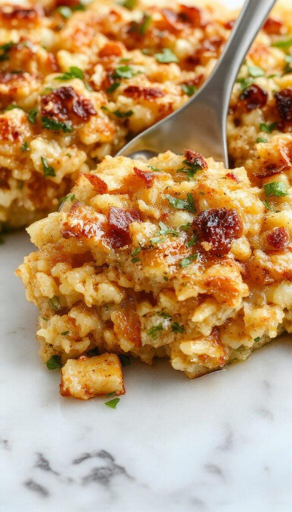 A colorful casserole dish featuring layers of zucchini, rice, and stuffing topped with melted cheese, ready to serve for a weeknight meal.