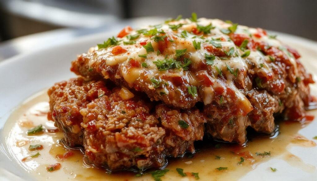 A golden-brown air fryer meatloaf sliced to reveal a moist, tender interior, garnished with fresh herbs and served on a white plate.