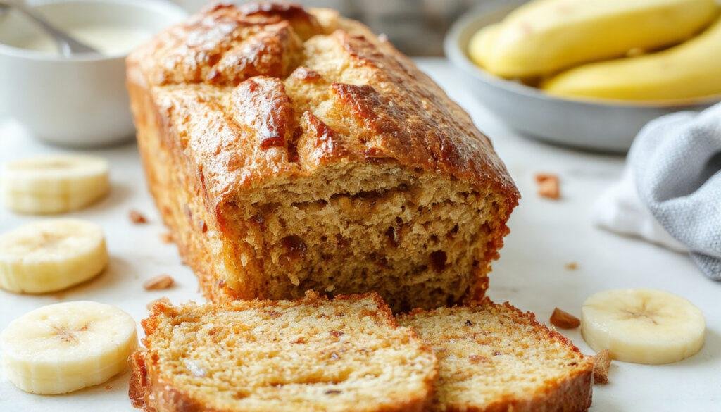 A slice of golden brown banana bread with a slightly cracked top, placed on a rustic wooden board. The bread's moist texture is visible, with banana chunks peeking through. In the background, there is a loaf with a soft crumb, and a few banana slices adorning the plate, styled in a cozy, inviting kitchen setting.