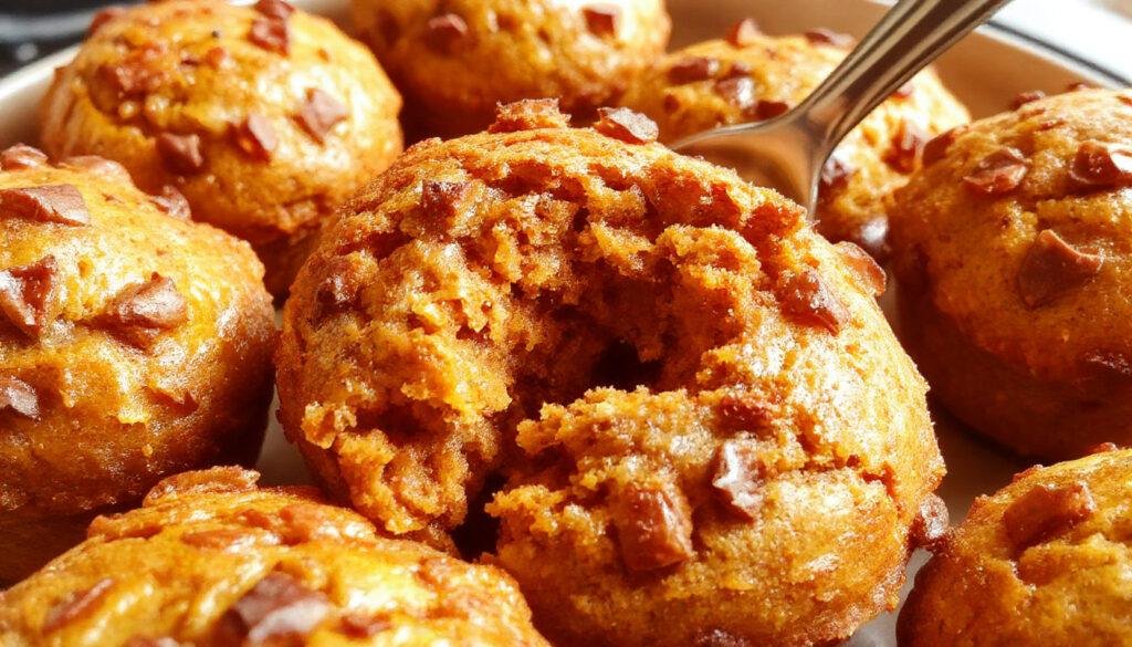 Golden-brown pumpkin muffins with a slightly domed top, arranged on a rustic wooden surface. Some muffins are partially sliced, revealing a moist, orange interior with specks of spice. Lightly sprinkled with powdered sugar and a few cinnamon sticks and pumpkin seeds are placed around for decoration.