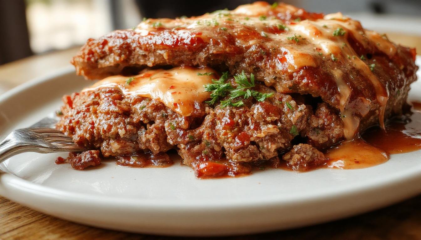 A perfectly sliced meatloaf sits on a white platter, drizzled with savory gravy and garnished with fresh parsley. The slices reveal a moist, tender interior with a golden-brown crust. In the background, it is served with roasted vegetables and rustic dining table setting.