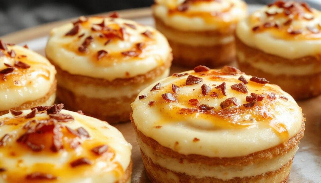 A close-up of elegant vanilla bean crème brûlée cheesecake cupcakes with a golden caramelized sugar topping and a smooth, creamy filling visible in the cupcake liners, with a hint of vanilla bean specks throughout. The cupcakes are presented on a sleek white plate with a delicate sprinkle of sugar and a vanilla bean pod garnish.