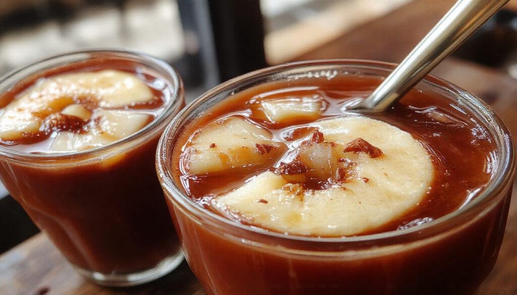A beautifully presented glass of spicy apple cider garnished with a cinnamon stick and an orange slice, surrounded by whole apples and autumn leaves, with a warm, inviting glow.