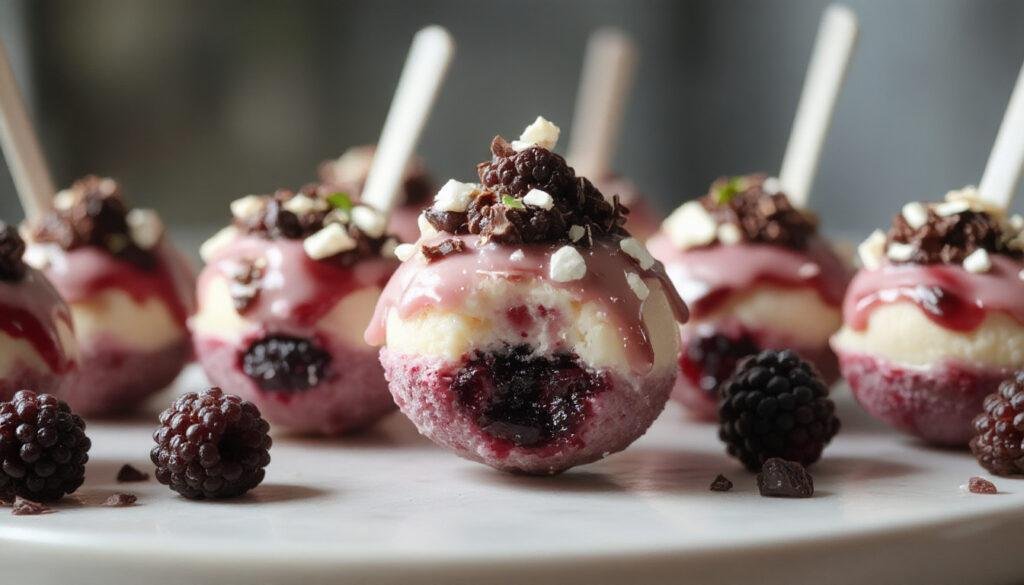 A close-up of Blackberry Cheesecake Pops arranged on a rustic wooden platter. The pops are coated with a glossy, dark blackberry glaze, speckled with tiny crushed cookies, and each has a white stick piercing through, topped with fresh blackberries and mint leaves. The background features blurred forest-themed decorations, enhancing the enchanted forest vibe, with soft natural lighting highlighting the shiny coating and textured toppings.