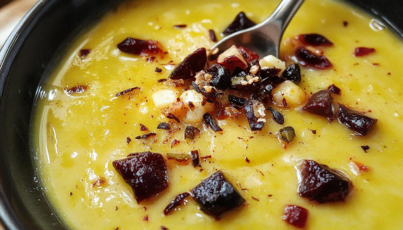 A steaming bowl of Mystical Witch Soup featuring vibrant green and deep orange broth, garnished with herbs and colorful vegetables. The bowl is rustic and placed on a dark wooden table, with a witch hat and Halloween decorations in the blurred background, creating a spooky yet inviting atmosphere.