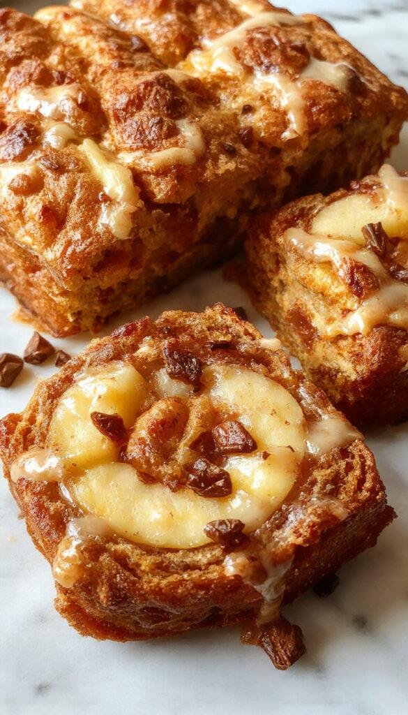 Golden fall apple bread topped with sliced apples and cinnamon sugar, sliced to reveal a moist interior with chunks of fresh apples.