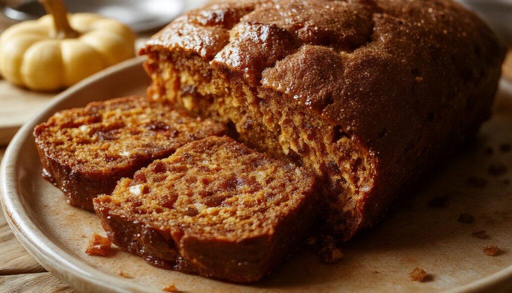A golden-brown pumpkin banana bread loaf garnished with a dusting of cinnamon, placed on a rustic wooden table. Slices reveal a moist interior with specks of pumpkin and banana. The bread is surrounded by fall-themed decorations like mini pumpkins and cinnamon sticks, evoking a cozy autumn vibe.