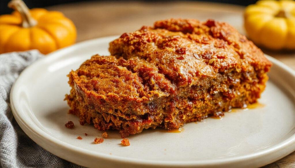 A slice of moist pumpkin banana bread topped with a drizzle of caramelized glaze, served on a rustic wooden plate. The bread has a golden-brown crust with visible specks of pumpkin and banana, and is garnished with a sprinkle of cinnamon and walnut pieces. In the background, whole pumpkins and autumn leaves create a cozy, seasonal atmosphere.