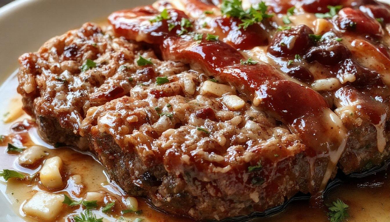 A hearty family-style meatloaf glazed with a shiny, caramelized coating, sliced to reveal moist, tender interior with finely chopped herbs and vegetables, garnished with fresh parsley on a rustic plate.