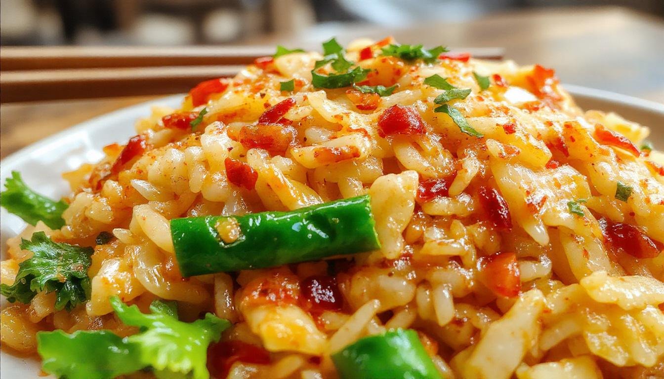 A vibrant plate of fried rice garnished with chopped green onions and colorful vegetables, served on a rustic wooden table with a side of soy sauce.