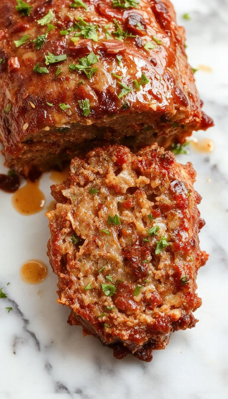 A delicious slice of Flavor-Explosion French Onion Meatloaf garnished with caramelized onions and fresh herbs on a rustic plate.