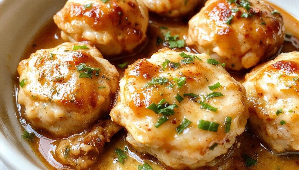A close-up of golden-brown chicken meatballs nestled in a rich, creamy sauce with herbs, garnished with fresh parsley on a white plate atop a rustic wooden table.