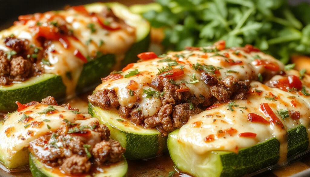 A close-up of vibrant zucchini boats filled with seasoned ground beef, melted cheese topping, and chopped herbs, arranged on a rustic plate with fresh herbs scattered around. The zucchinis are halved lengthwise, with golden-brown edges and a colorful mixture inside, showcasing the hearty filling and appealing textures.