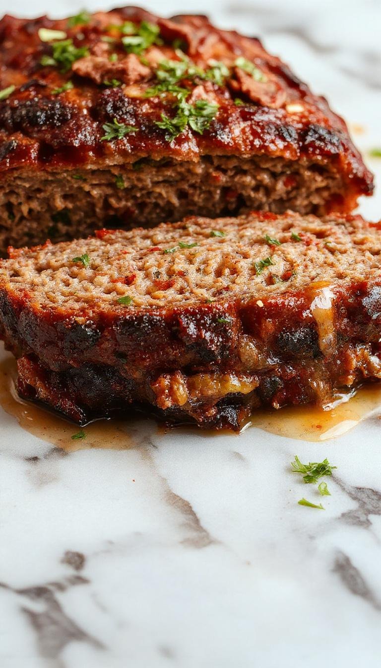 A delicious, freshly baked meatloaf served on a plate with mashed potatoes and green beans, garnished with herbs.
