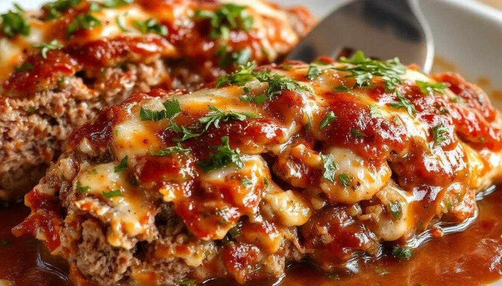 A hearty sliced Italian stuffed meatloaf plated on a rustic wooden cutting board, showcasing a golden-brown crust and a vibrant filling of cheese, herbs, and seasoned meat. Juices glisten around the slices, garnished with fresh parsley and served with a side of marinara sauce.