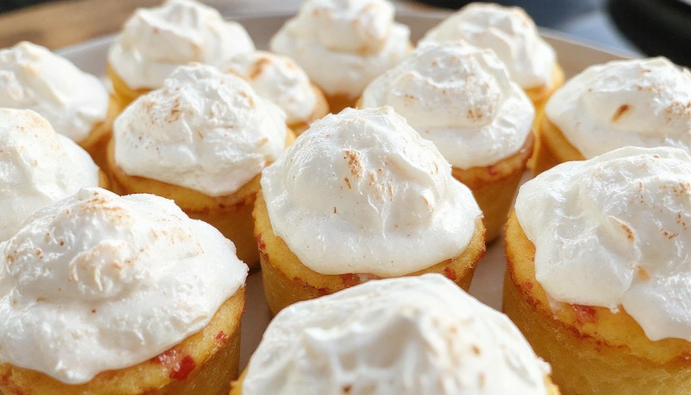 A close-up of fluffy marshmallow cupcakes with golden-brown tops, topped with a swirl of white marshmallow frosting and colorful sprinkles, arranged on a rustic wooden platter.