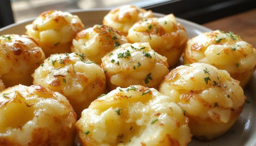 Golden-brown mashed potato muffins with a slightly crispy exterior, topped with fresh herbs, arranged neatly on a rustic ceramic plate with a fork beside them