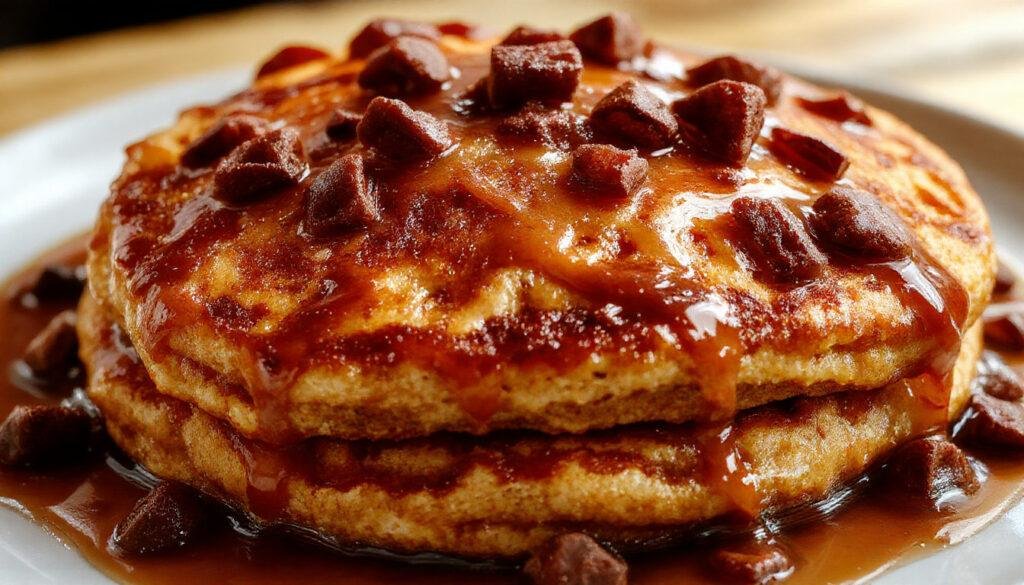 A stack of fluffy pumpkin pancakes topped with a dollop of whipped cream and sprinkled with cinnamon. The pancakes are golden-brown with a tender texture, served on a rustic plate with a drizzle of maple syrup. In the background, a small bowl of additional pumpkin puree and a cinnamon stick add warmth and inviting flavors.