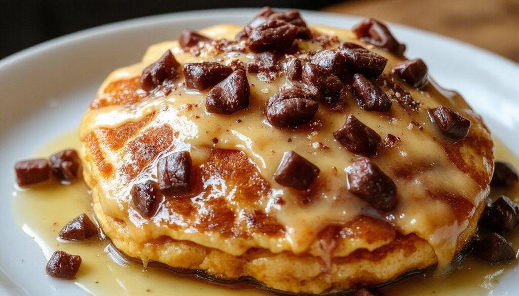 A stack of fluffy pumpkin pancakes topped with a dollop of whipped cream and a sprinkle of cinnamon, served on a rustic white plate. The pancakes are golden brown with visible specks of pumpkin, lined up neatly with a few drizzles of maple syrup cascading down the sides. Fresh pumpkin slices and a cinnamon stick garnish the background, with soft natural lighting highlighting the moist, airy texture of the pancakes.
