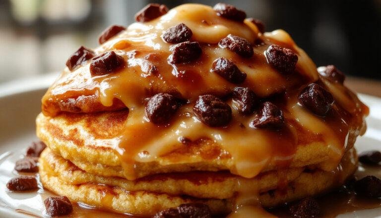 A stack of fluffy pumpkin pancakes topped with a dollop of whipped cream and sprinkled with cinnamon, served on a rustic wooden plate with syrup drizzling down the sides, set against a cozy breakfast table with warm natural lighting.