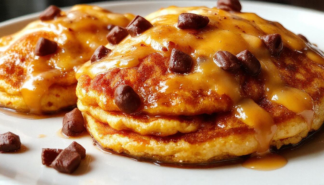 A stack of fluffy pumpkin pancakes topped with a dollop of whipped cream and a sprinkle of cinnamon, served on a rustic ceramic plate. The pancakes display a golden-brown exterior with specks of pumpkin and fall spices, surrounded by small pumpkin slices and maple syrup drizzled over the top. The background features a cozy autumn setting with warm tones and soft natural lighting.