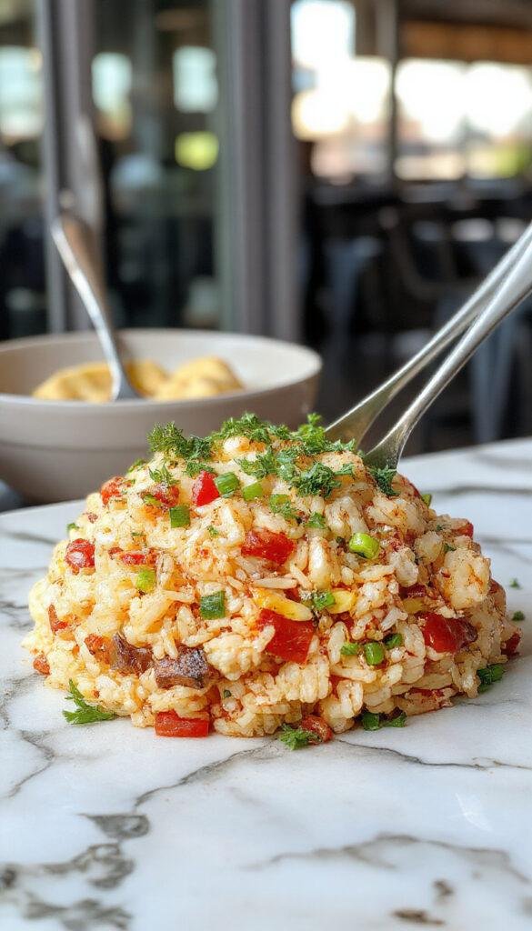 A vibrant plate of fried rice with colorful vegetables, scrambled eggs, and garnished with green onions on a ceramic plate
