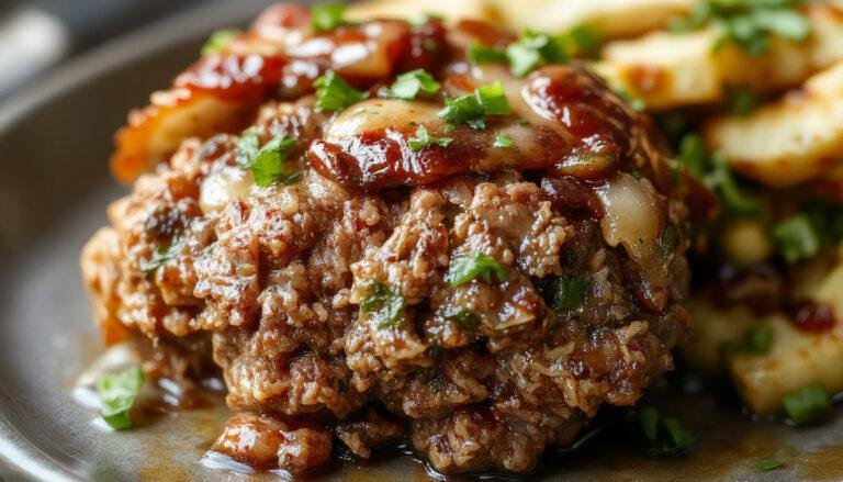 A golden-brown French onion meatloaf sliced to reveal its moist interior, topped with caramelized onions and garnish of fresh herbs, presented on a rustic white plate.