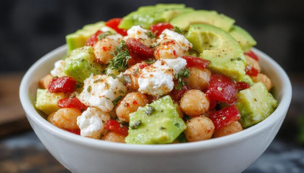A vibrant bowl of chickpea, feta, and avocado salad featuring creamy avocado slices, crunchy chickpeas, and crumble feta cheese, garnished with fresh herbs. The colorful ingredients are arranged aesthetically in a white ceramic bowl on a rustic wooden table, with a drizzle of olive oil and a sprinkle of black pepper visible.