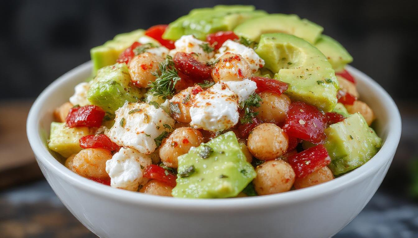 A vibrant bowl of chickpea, feta, and avocado salad featuring creamy avocado slices, crunchy chickpeas, and crumble feta cheese, garnished with fresh herbs. The colorful ingredients are arranged aesthetically in a white ceramic bowl on a rustic wooden table, with a drizzle of olive oil and a sprinkle of black pepper visible.