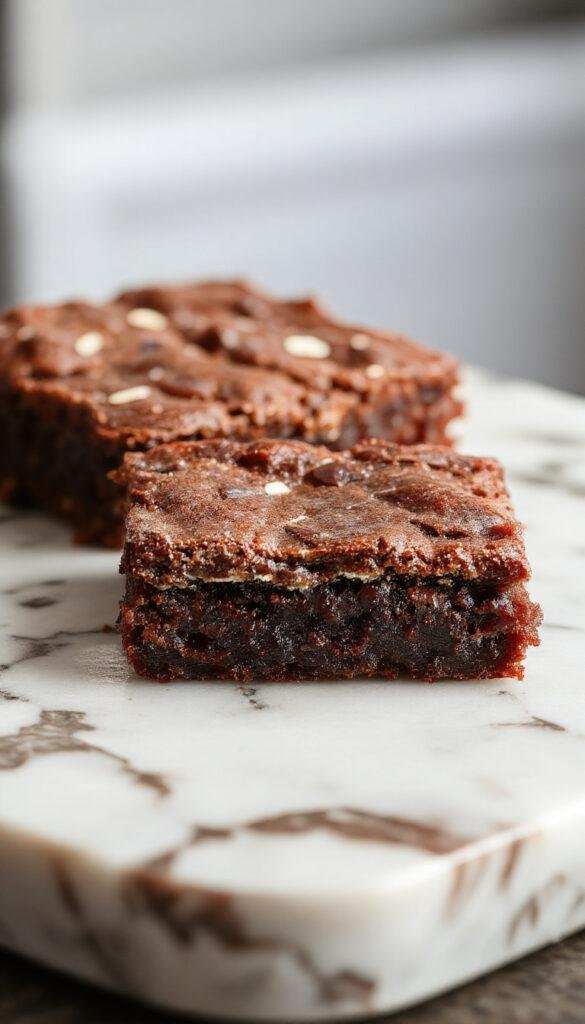 A close-up of fudgy, chocolatey brownies with a glossy top, sliced to reveal their dense, moist interior, perfect for dessert lovers.
