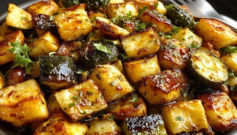A vibrant platter of golden roasted vegetables including potatoes, carrots, and zucchini, garnished with fresh herbs and garlic, arranged attractively on a rustic white plate with a slight sheen from roasting oils, highlighting their crispy edges and tender insides.