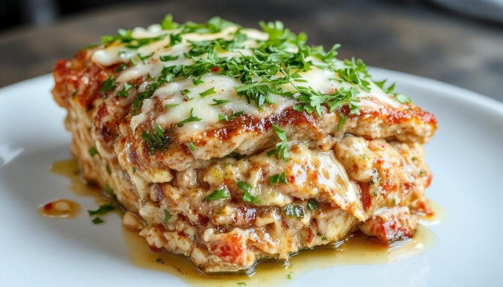 A slices of tender garlic Parmesan chicken meatloaf arranged on a rustic wooden platter, featuring a golden-brown crust and a moist, juicy interior filled with melted cheese and herbs, garnished with fresh parsley.