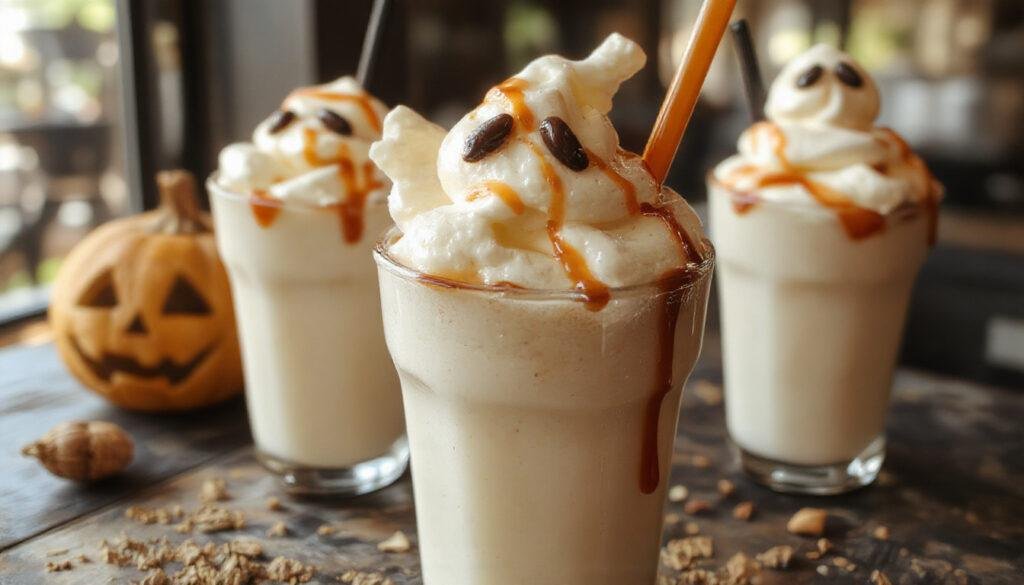 A tall glass filled with a creamy, pale vanilla milkshake topped with whipped cream and a ghost-shaped marshmallow. The milkshake has a smooth texture with slight swirls of vanilla, garnished with colorful sprinkles and a spooky paper straw, set against a dark backdrop with Halloween-themed decorations.