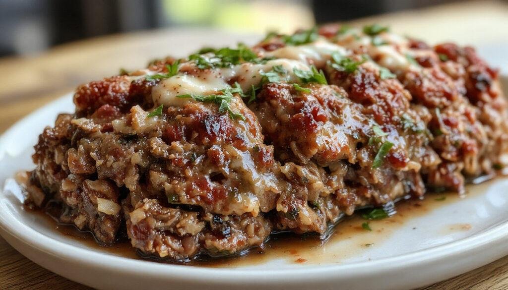 A slice of moist, tender meatloaf with a rich brown crust sits on a white plate, garnished with fresh parsley. The meatloaf's interior reveals a juicy, well-seasoned crumbly texture, contrasting with the slightly crispy edges. In the background, a side of mashed potatoes and glazed carrots add to the comforting presentation, styled in a warm, inviting kitchen setting.
