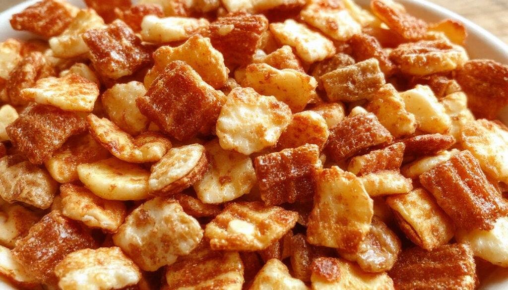 A vibrant bowl of Harvest Crunch Snack Mix featuring colorful dried fruits, crunchy nuts, and sweet cereals arranged on a rustic wooden table, with a scattering of fall leaves in the background